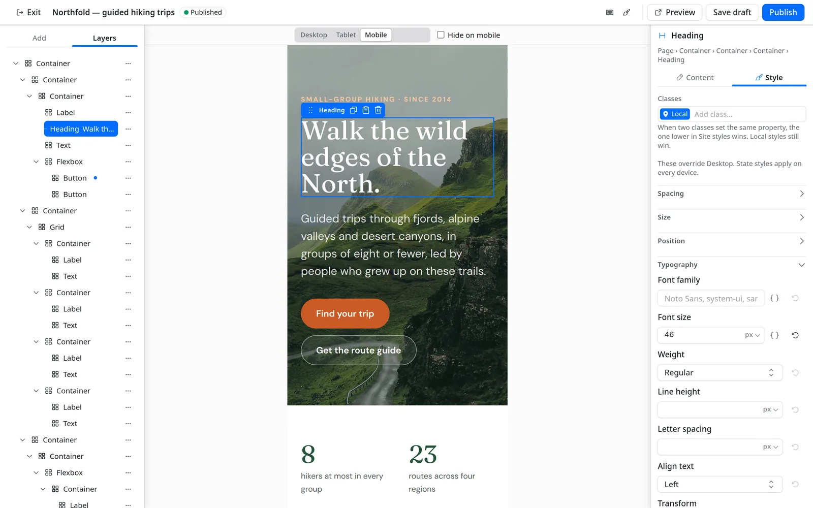 The canvas switched to Mobile, showing the hero at phone width while the Typography panel sets a 46 px heading.