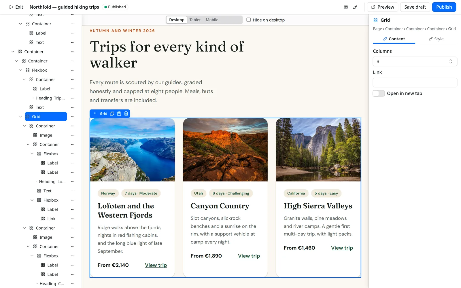 A Grid element with three trip cards selected; the Content panel sets Columns to 3.