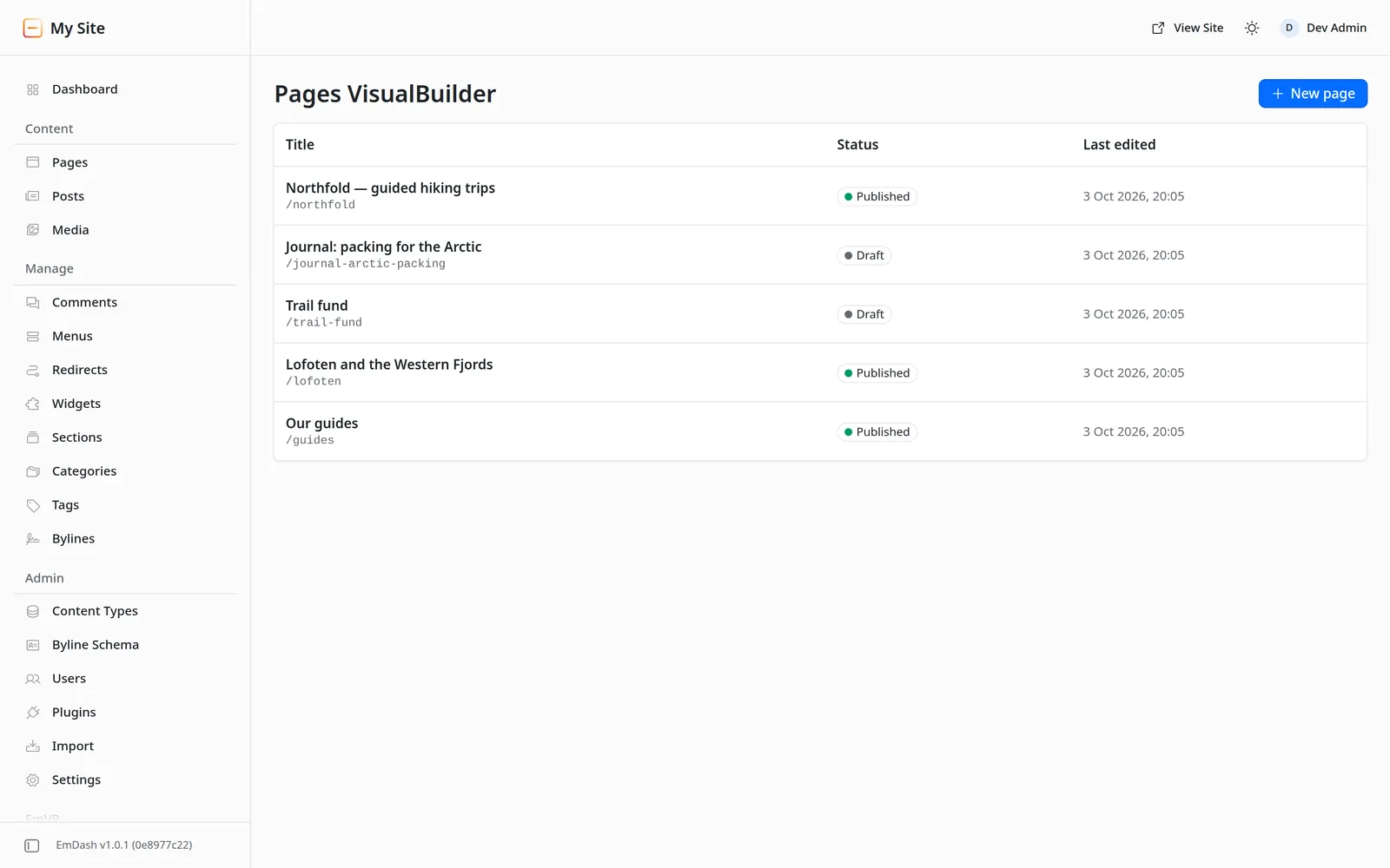 The Pages VisualBuilder list in the EmDash admin: five pages with their paths, Published or Draft status and last-edited time, and a New page button.