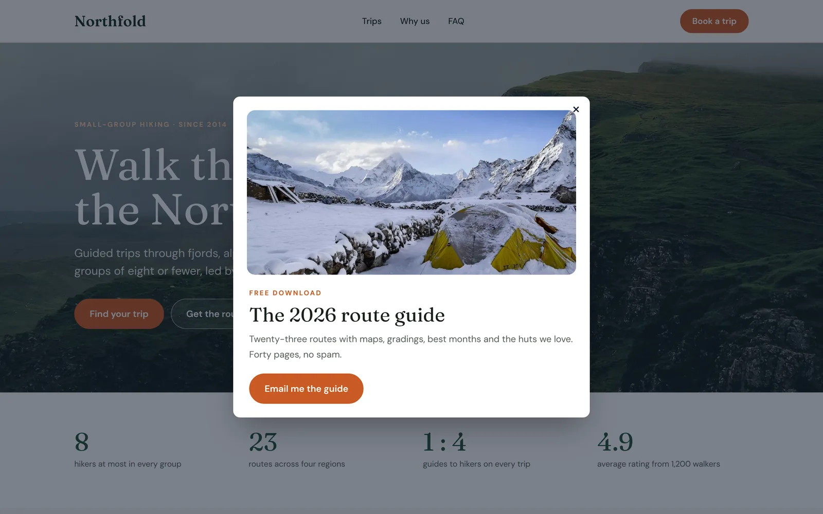 The published Northfold page with the route guide popup open over a dimmed hero.