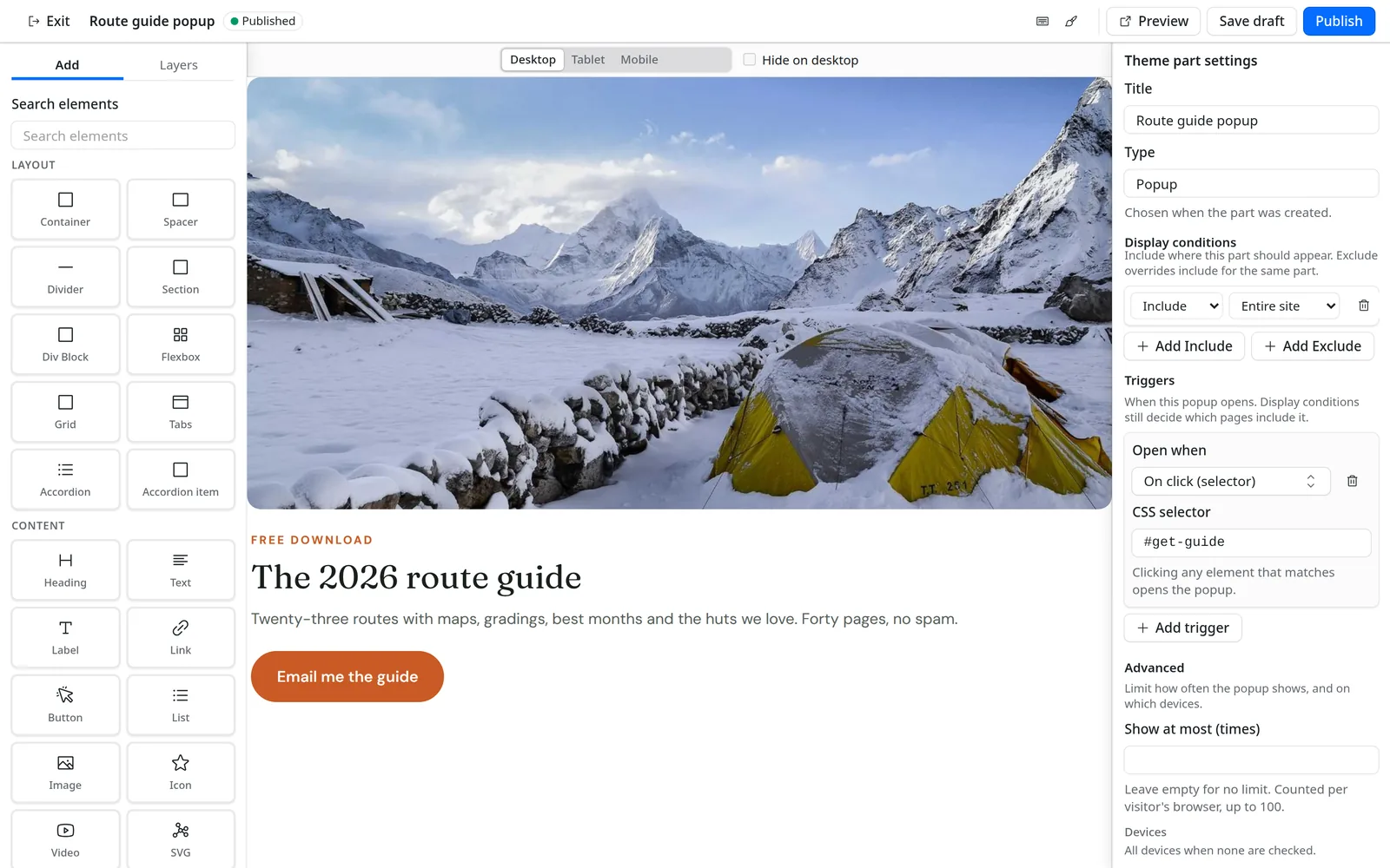 A popup theme part open in the editor; the settings panel shows an Include Entire site condition and an On click trigger for #get-guide.