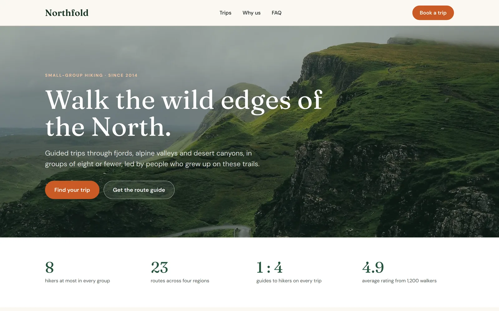 The published Northfold home page: a header with navigation and a hero photo of green ridges under the headline Walk the wild edges of the North.