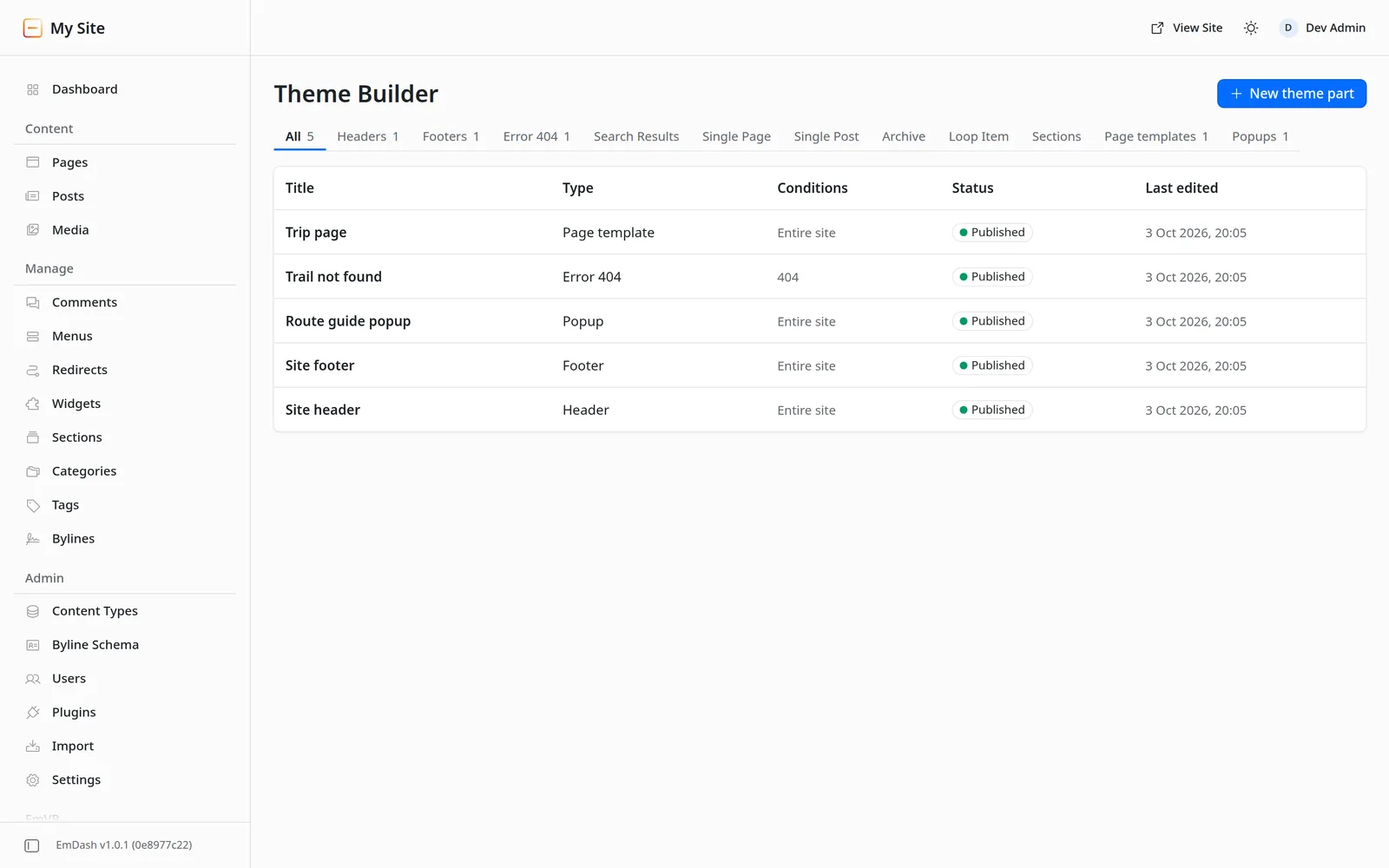 The Theme Builder list in the EmDash admin with a page template, a 404 page, a popup, a footer and a header, all published.